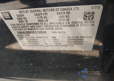 2013 Chevrolet Equinox 1Lt из США, поврежденный, VIN 2GNALDEK9D6106545